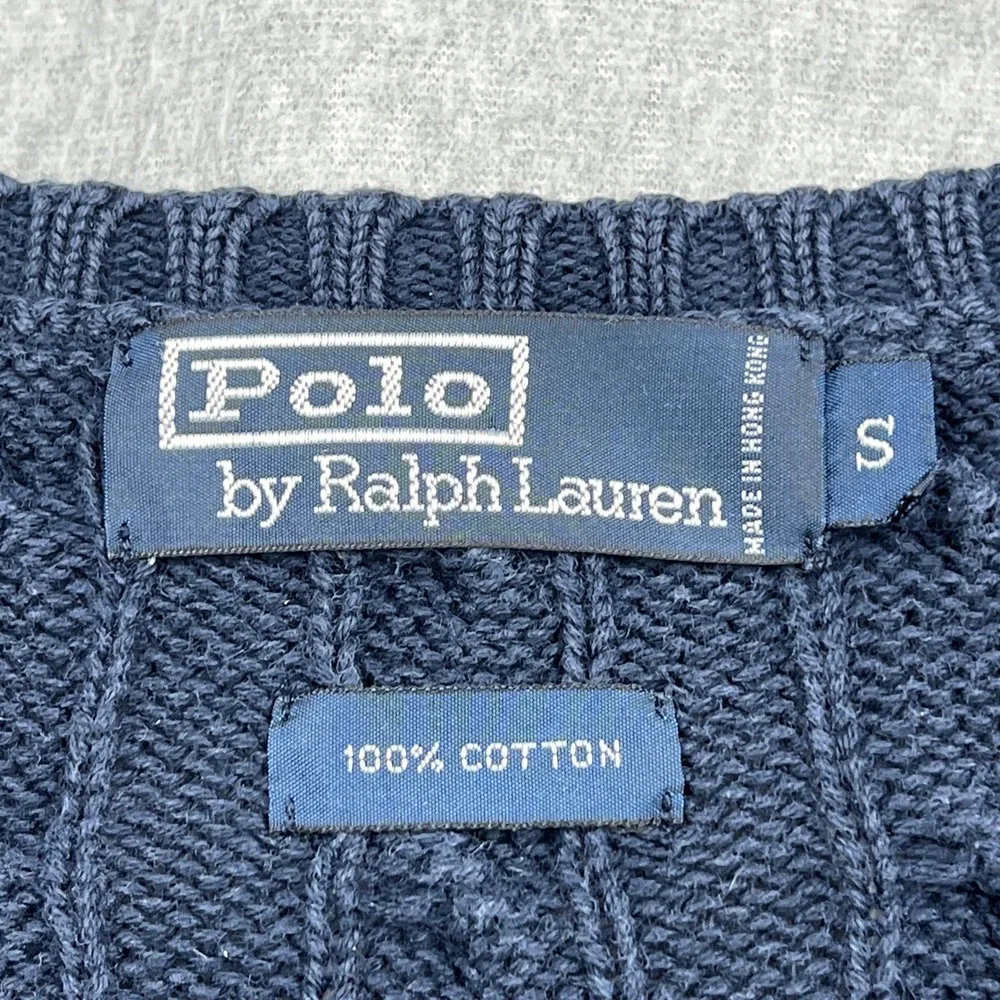 VTG Polo Ralph Lauren Cable Knit Sweater Mens Small Blue V-Neck Cotton Pullover